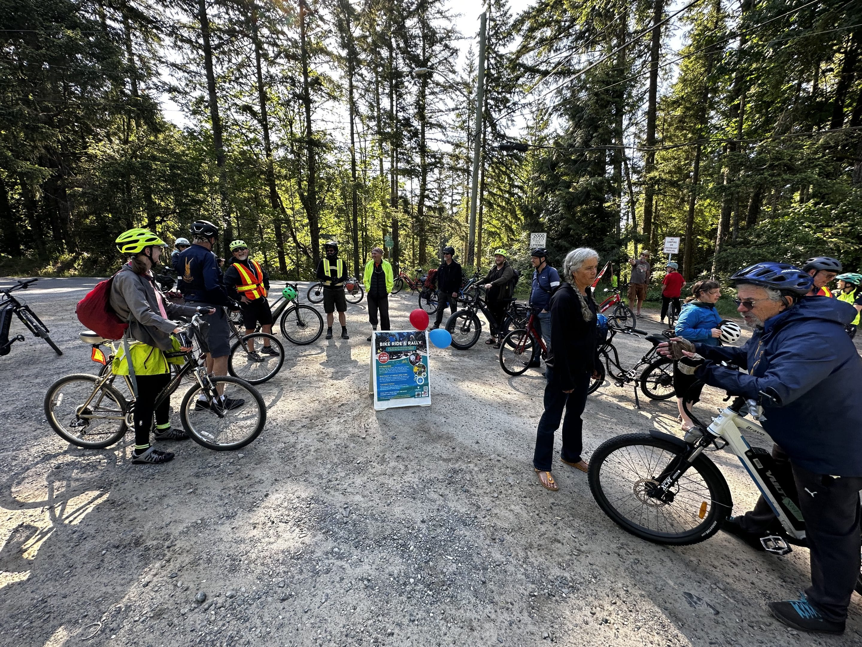 Cyclists gather at Cusheon Lake road for the final stretch in to Ganges.